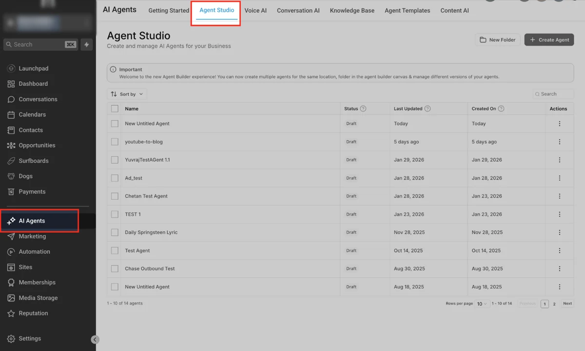 HighLevel Agent Studio showing the list of configured AI agents