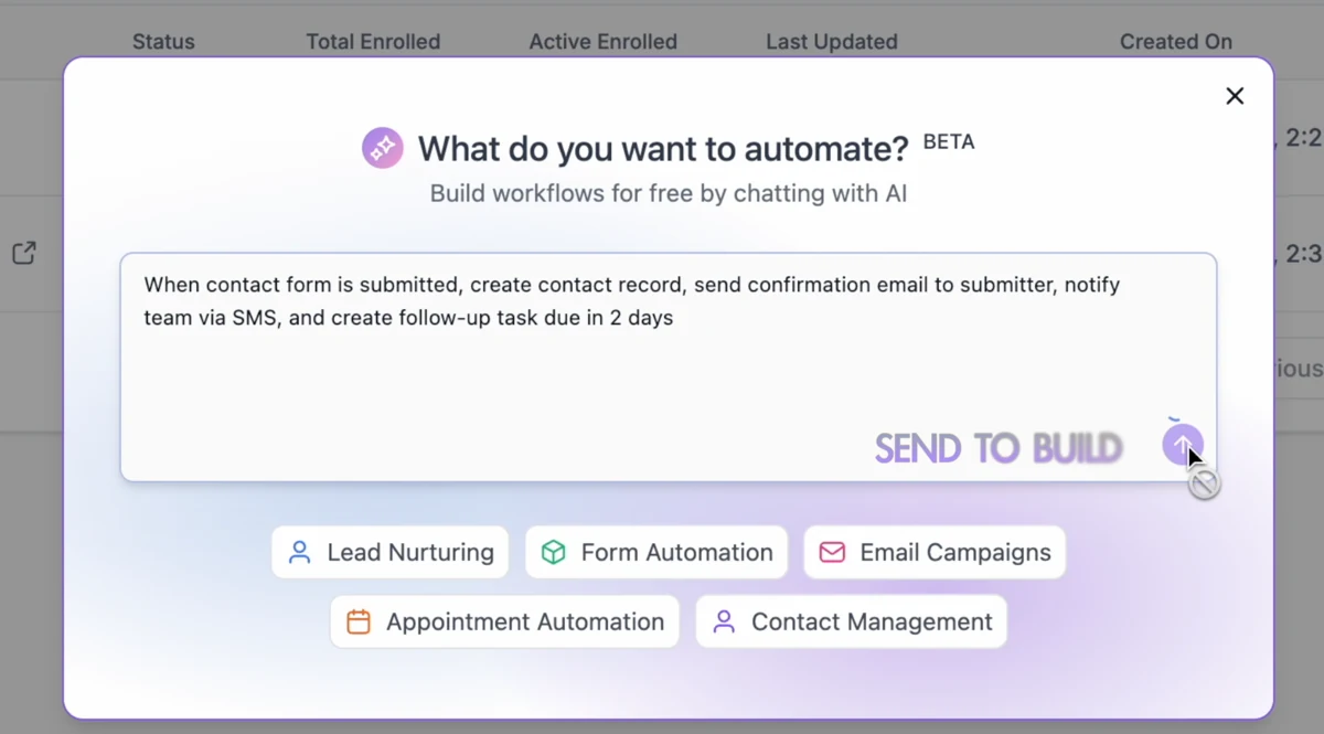 HighLevel workflow AI interface for creating an automation from instructions
